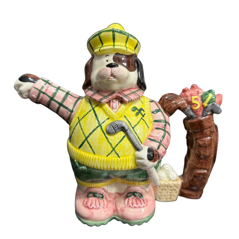 Omnibus OCI 1993 Golfer Dog Ceramic Teapot Hand Painted 17 oz Vintage